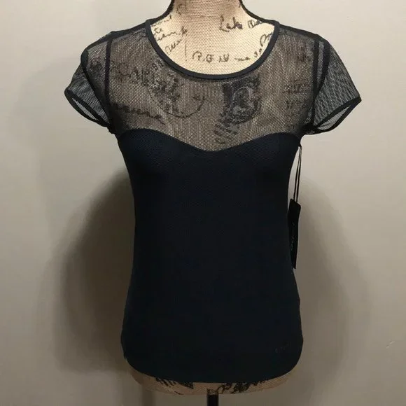 {bebe sport} NWT Black Mesh Sweatheart Top - Picture 2 of 10